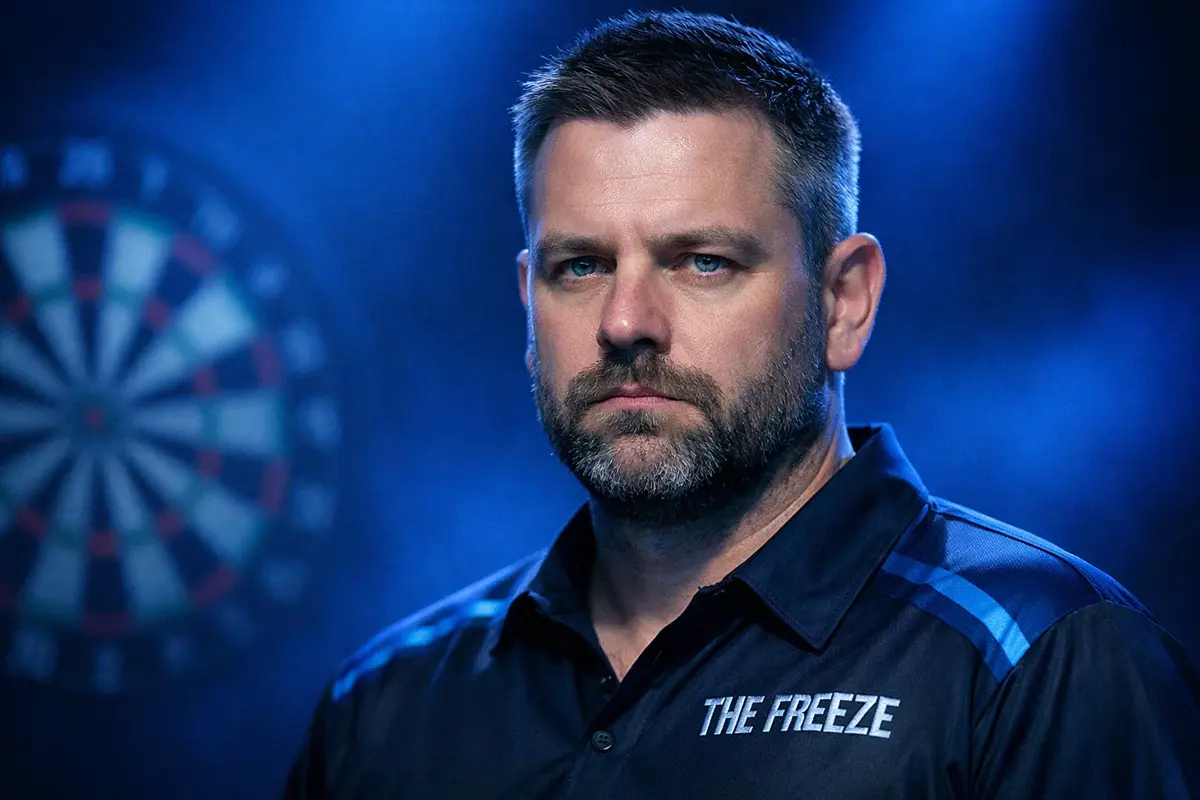 Dartspeler met een koele, geconcentreerde blik tijdens een wedstrijd
