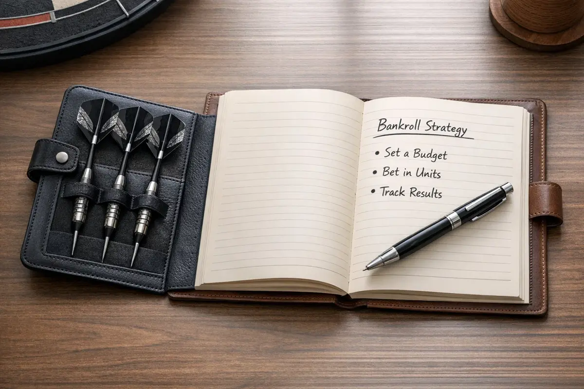 Dartpijlen naast een notitieboek met een strategie-overzicht