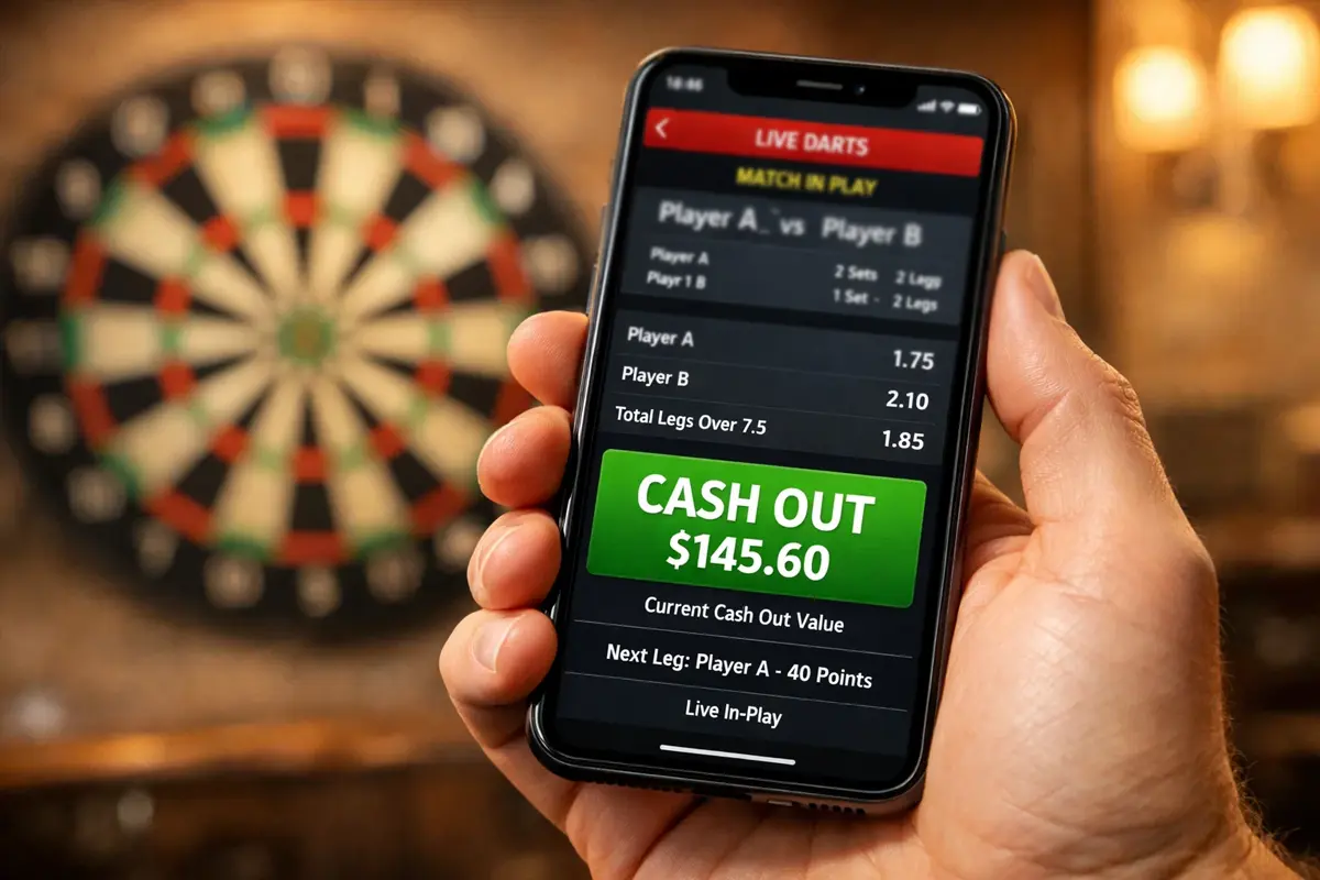 Hand boven een smartphone met weddenschap app en dartbord op de achtergrond