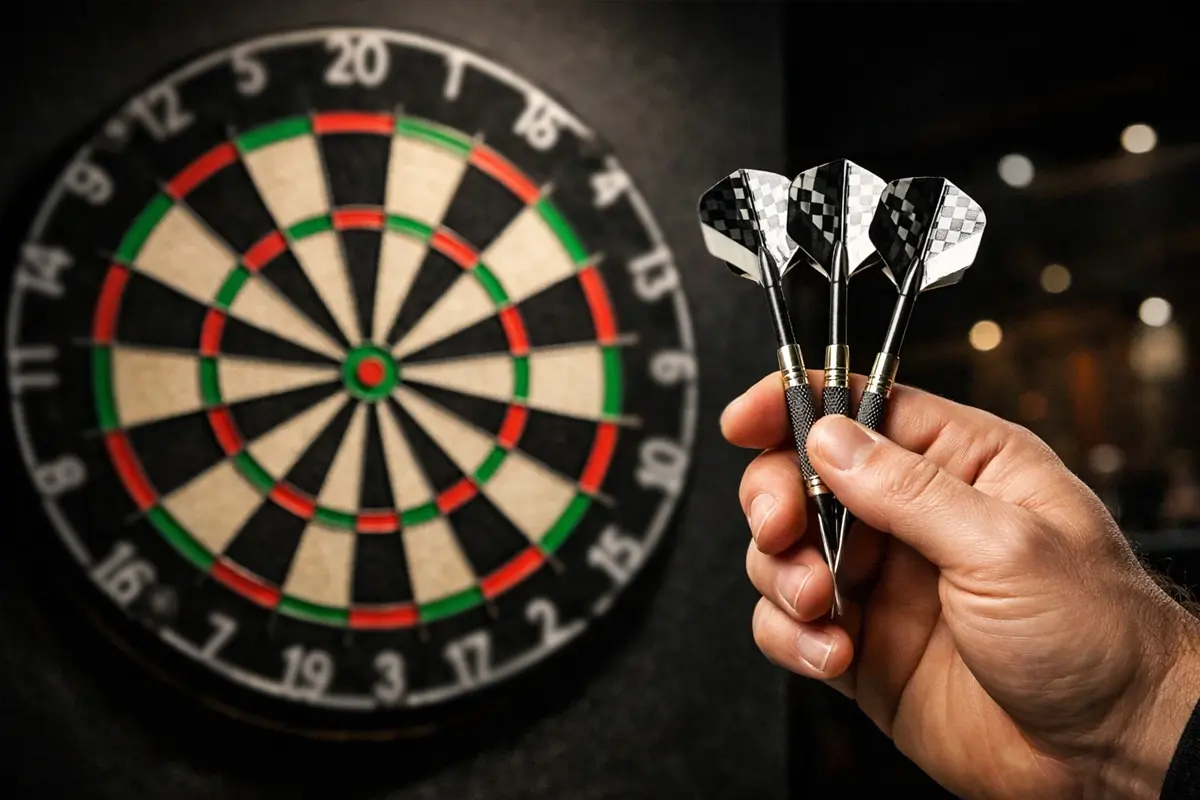 Dartbord met meerdere pijlen en wiskundige formules die combinatieweddenschappen visualiseren