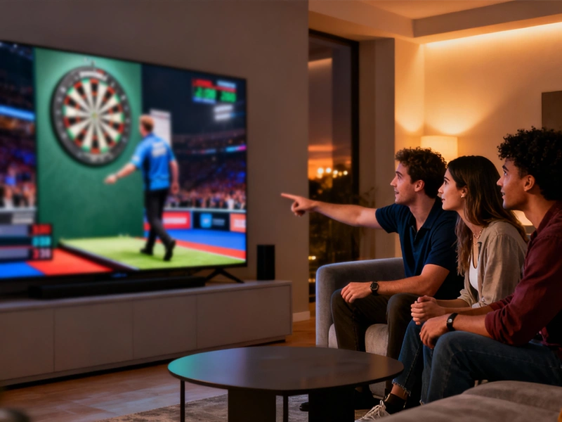 Groep vrienden kijkt dartswedstrijd op televisie in woonkamer