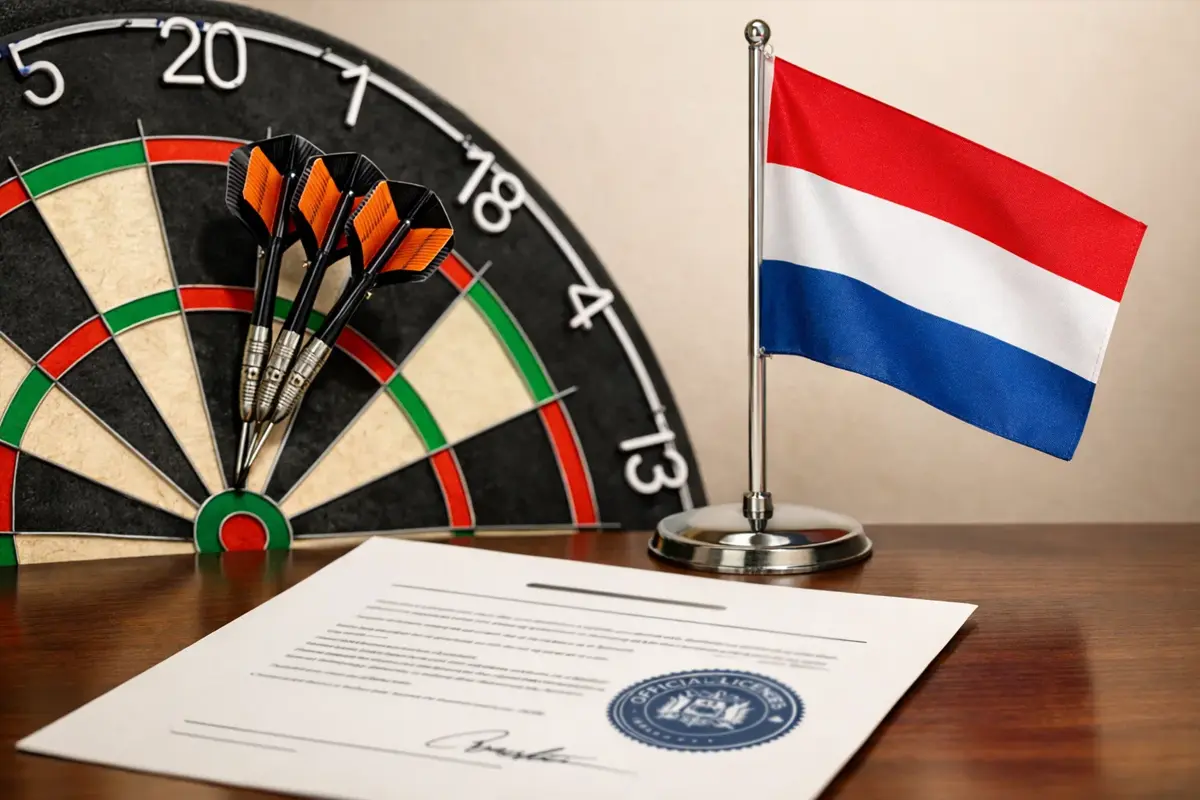 Nederlandse vlag naast een dartbord met een vergunningscertificaat