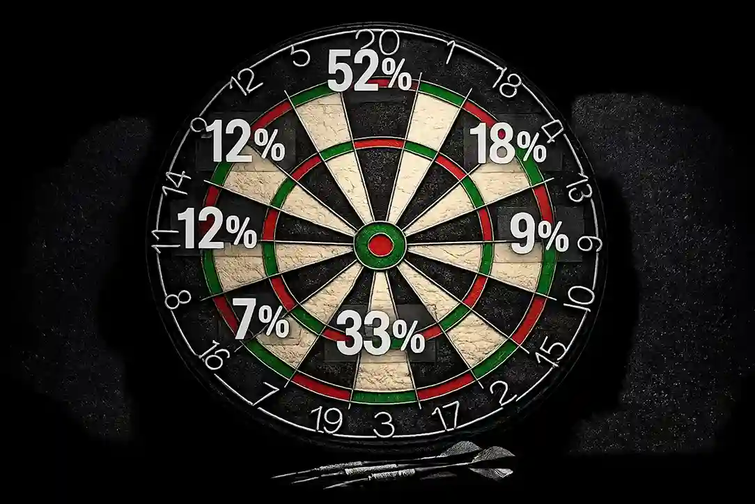 Dartbord met percentages en statistieken die de odds berekening visualiseren