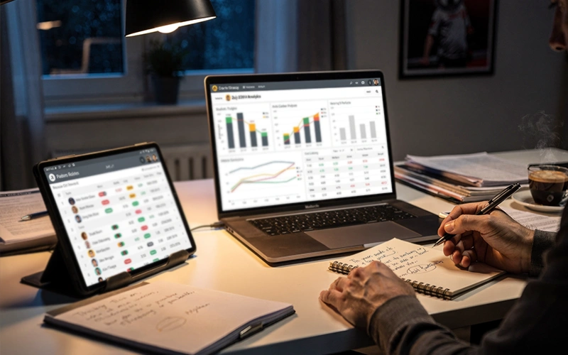 Persoon analyseert dartsstatistieken op laptop met notitieblok