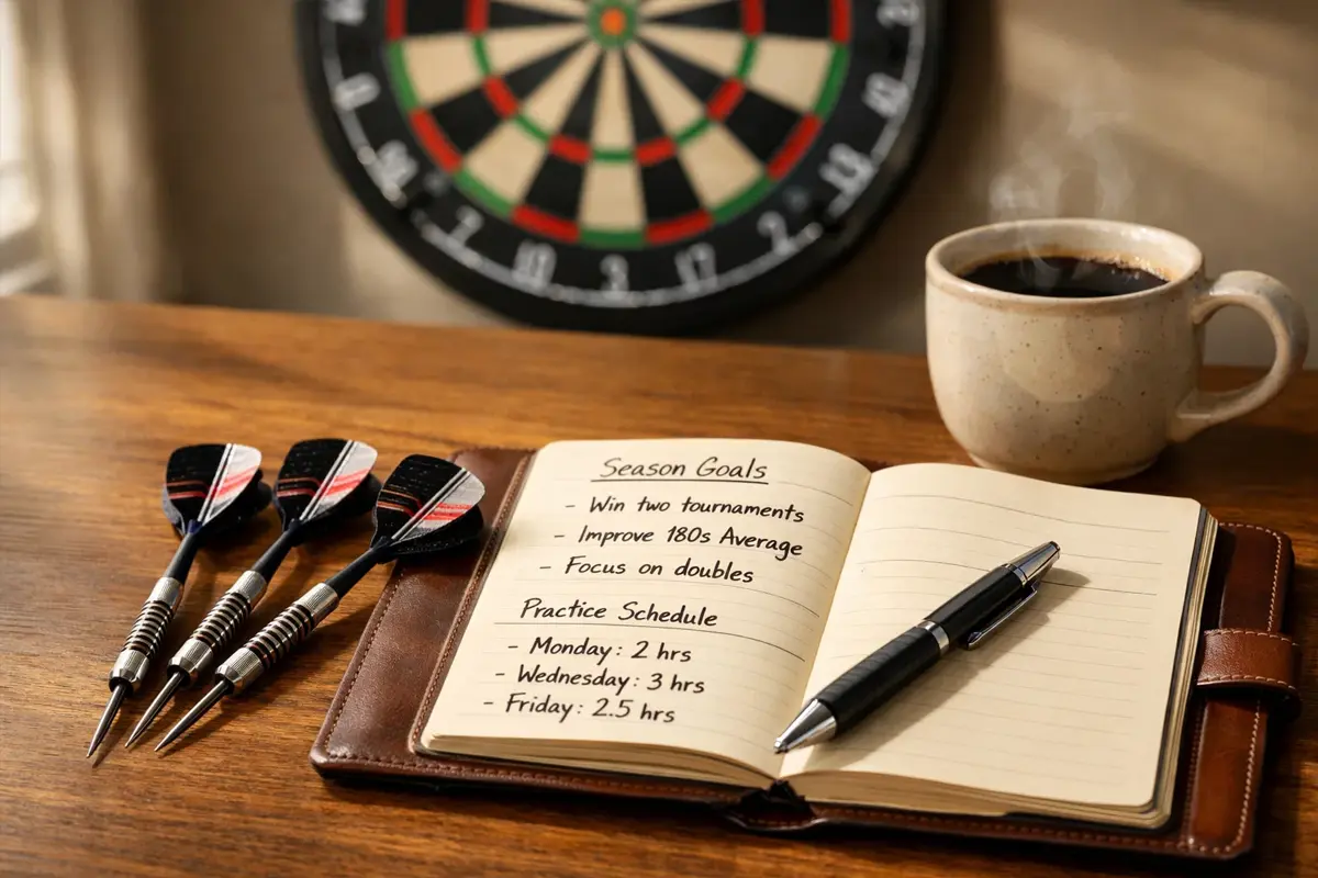 Dartbord met dartpijlen en een notitieblok voor planning