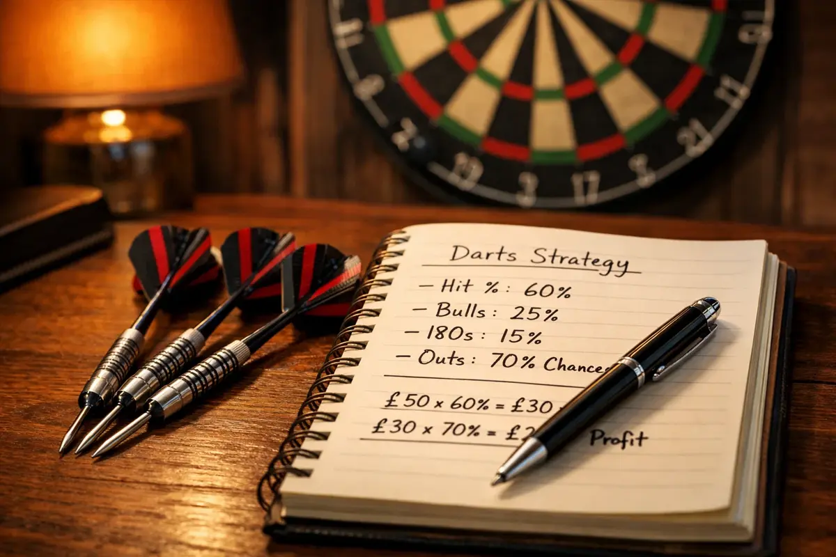 Close-up van dartpijlen naast een notitieblok met berekeningen