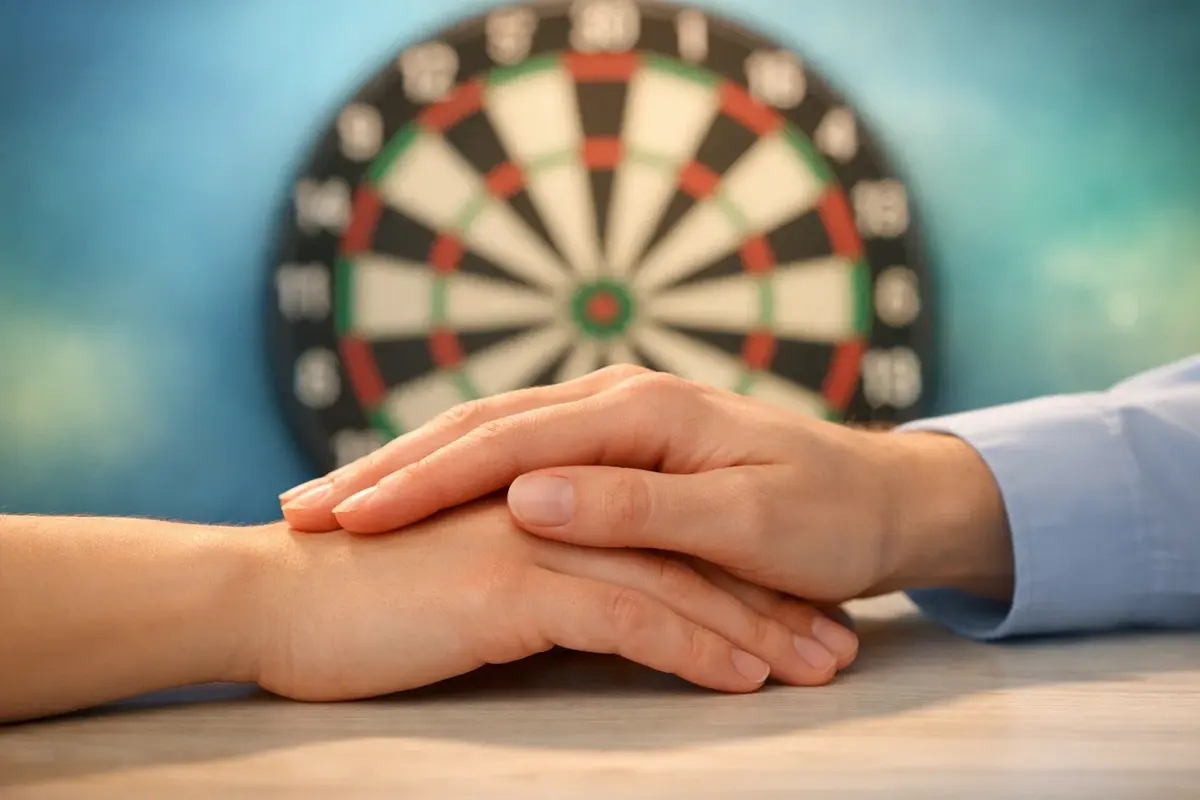 Beschermend schild symbool naast een dartbord en helpende hand