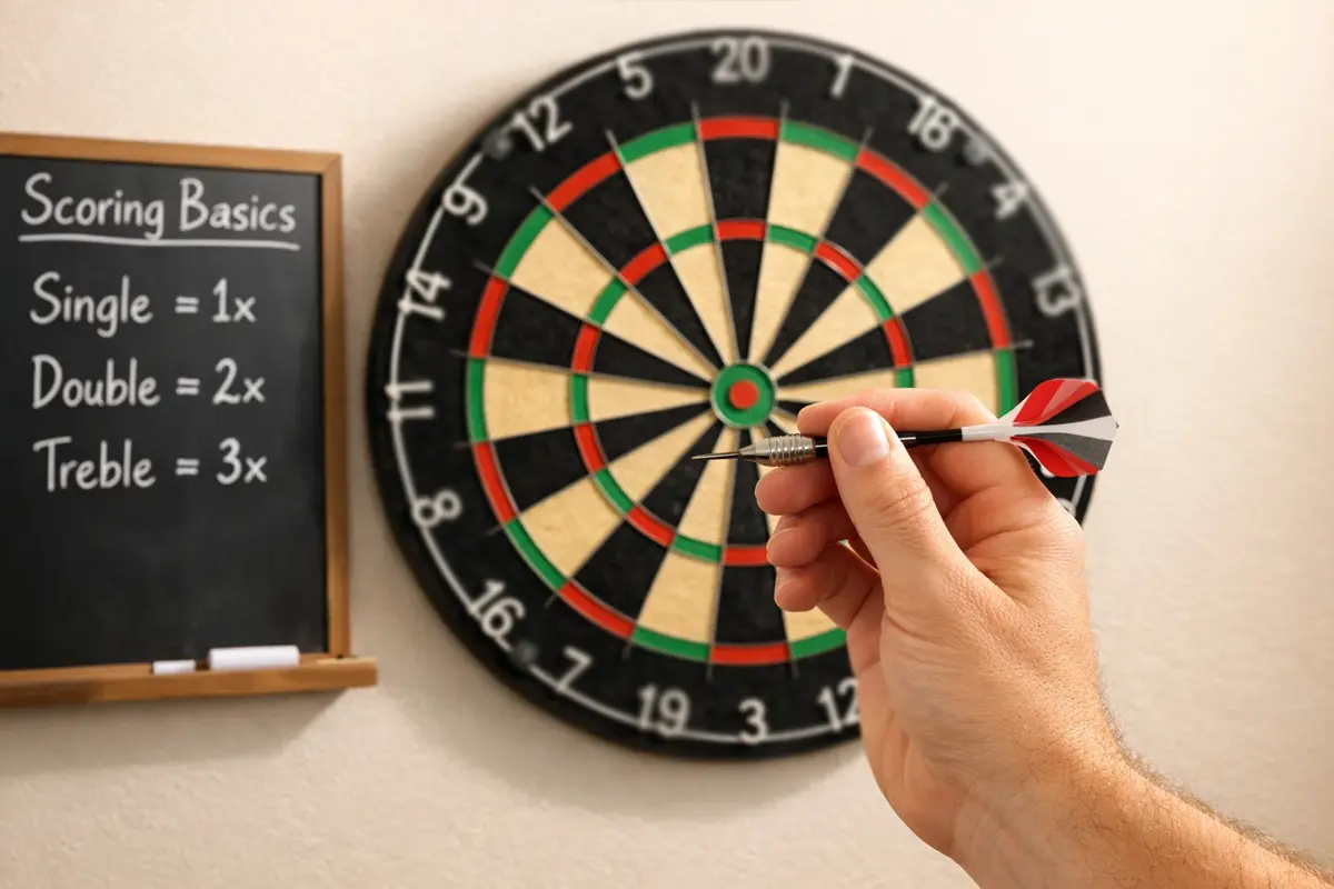 Beginnende wedder leert dartsweddenschappen met een gids en dartbord