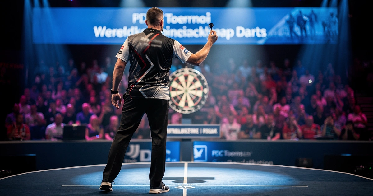 Professionele dartspeler gooit pijlen op podium met publiek