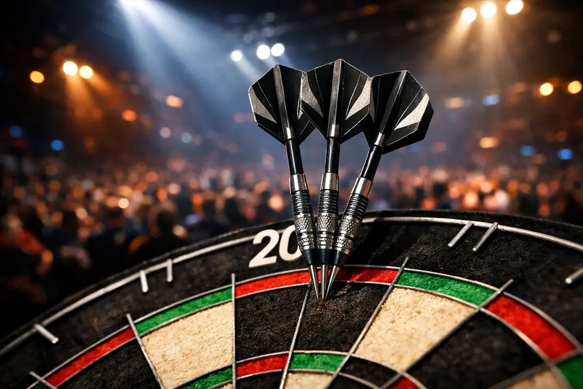 Dartspijlen in een dartbord tijdens de Grand Slam of Darts