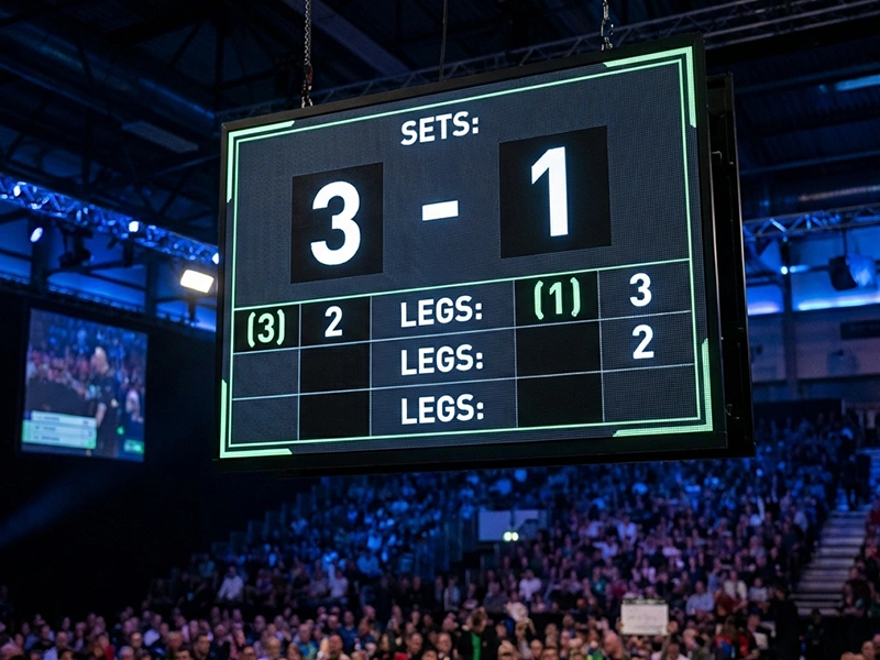 Scorebord met dartsuitslagen en sets overzicht