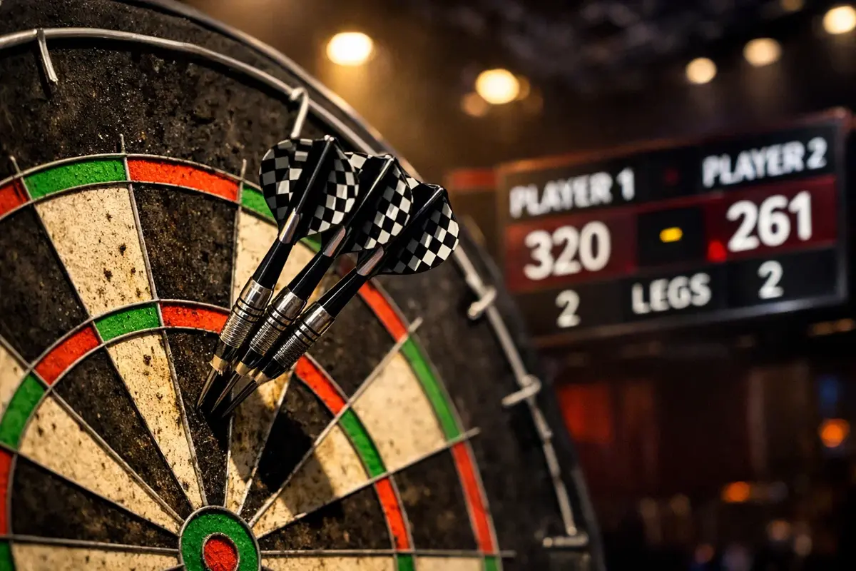 Dartsbord met pijlen en scorebord tijdens een professioneel toernooi