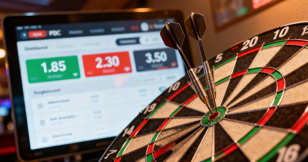 Dartbord met pijlen en quoteringen op een scherm