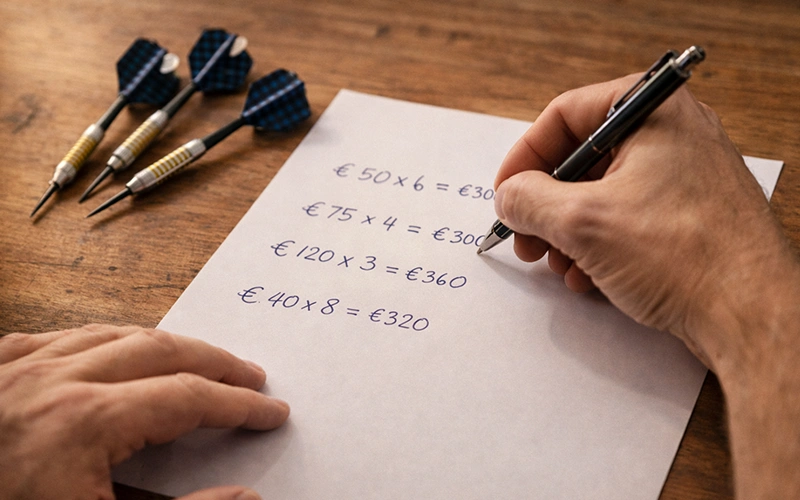 Persoon berekent winstbedrag met pen en papier