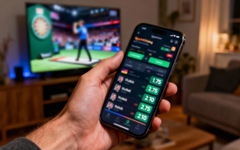 Hand houdt smartphone met darts weddenschap app