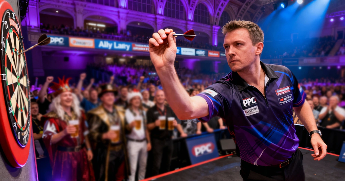 Dartspeler gooit pijl in volle arena met publiek