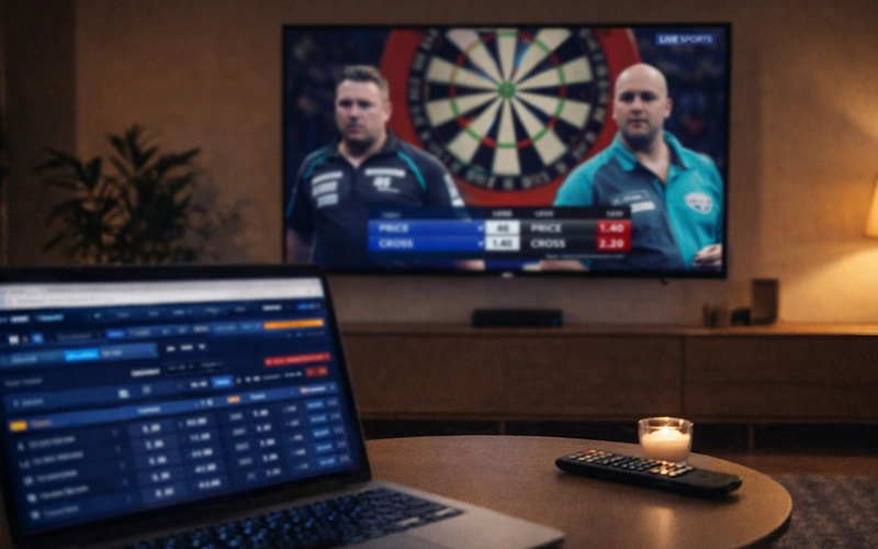 Live dartswedstrijd op televisie met odds op scherm