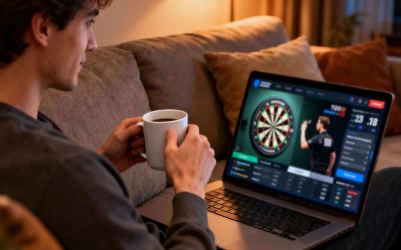 Persoon kijkt dartswedstrijd op laptop met koffie