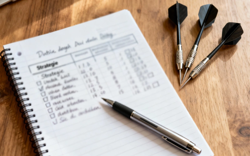 Notitieblok met wedstrategie en dartpijlen