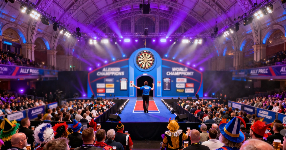 Alexandra Palace arena tijdens WK Darts met juichend publiek