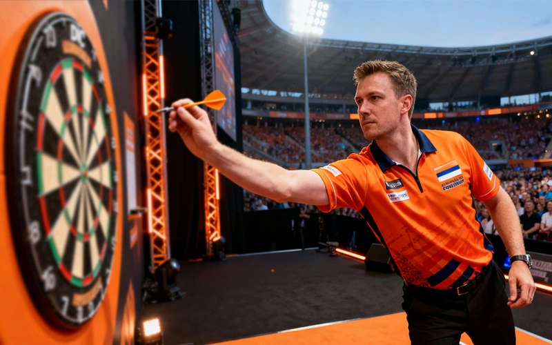 Nederlandse dartsspeler in actie op het podium