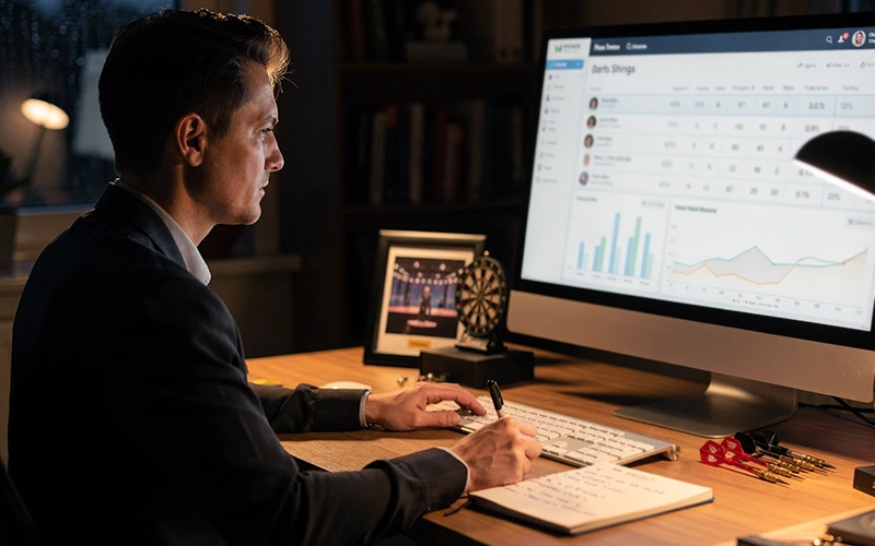 Persoon bestudeert dartsstatistieken op computer