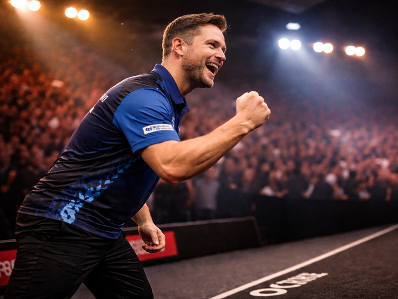 Dartspeler viert 180 score met armen omhoog bij oche lijn