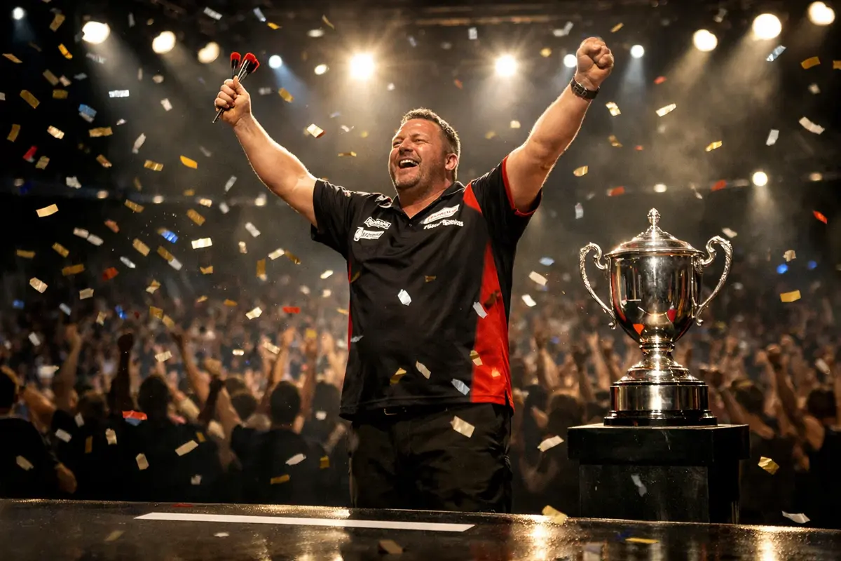 Dartspeler viert overwinning op het podium met trofee