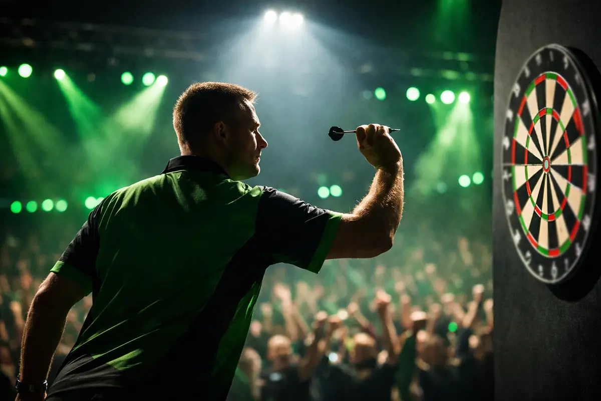 Professionele dartspeler gooit dartpijlen op het podium