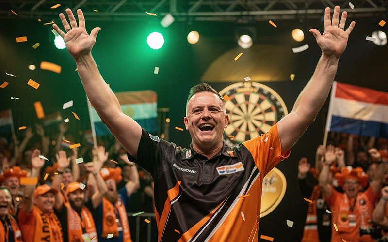 Nederlandse dartspeler viert overwinning met oranje fans op achtergrond