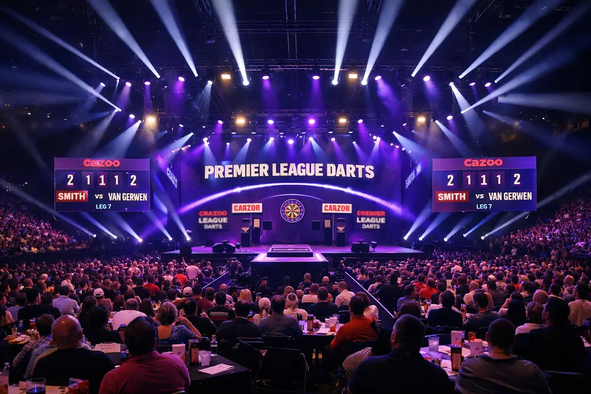Premier League Darts arena met verlichting en publiek
