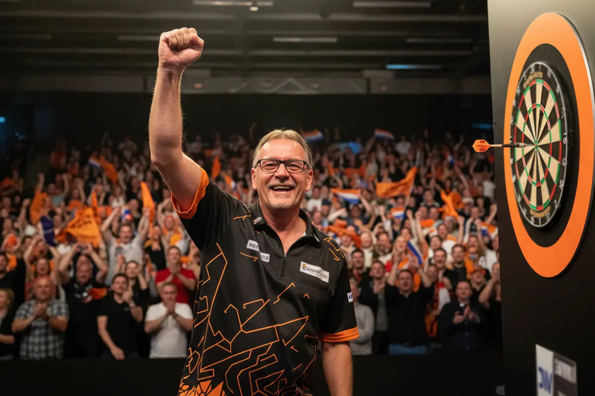 Ervaren dartsspeler viert een gewonnen leg met het publiek