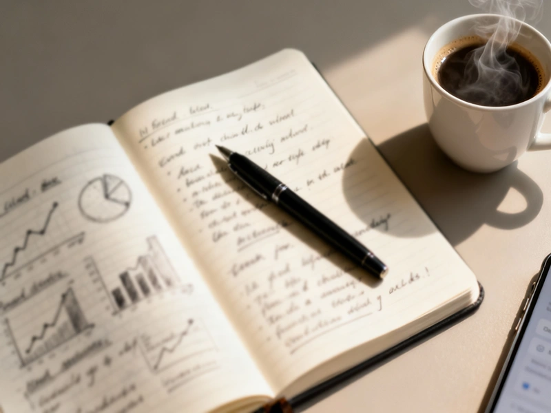 Persoon analyseert dartsstatistieken in notitieboek met pen